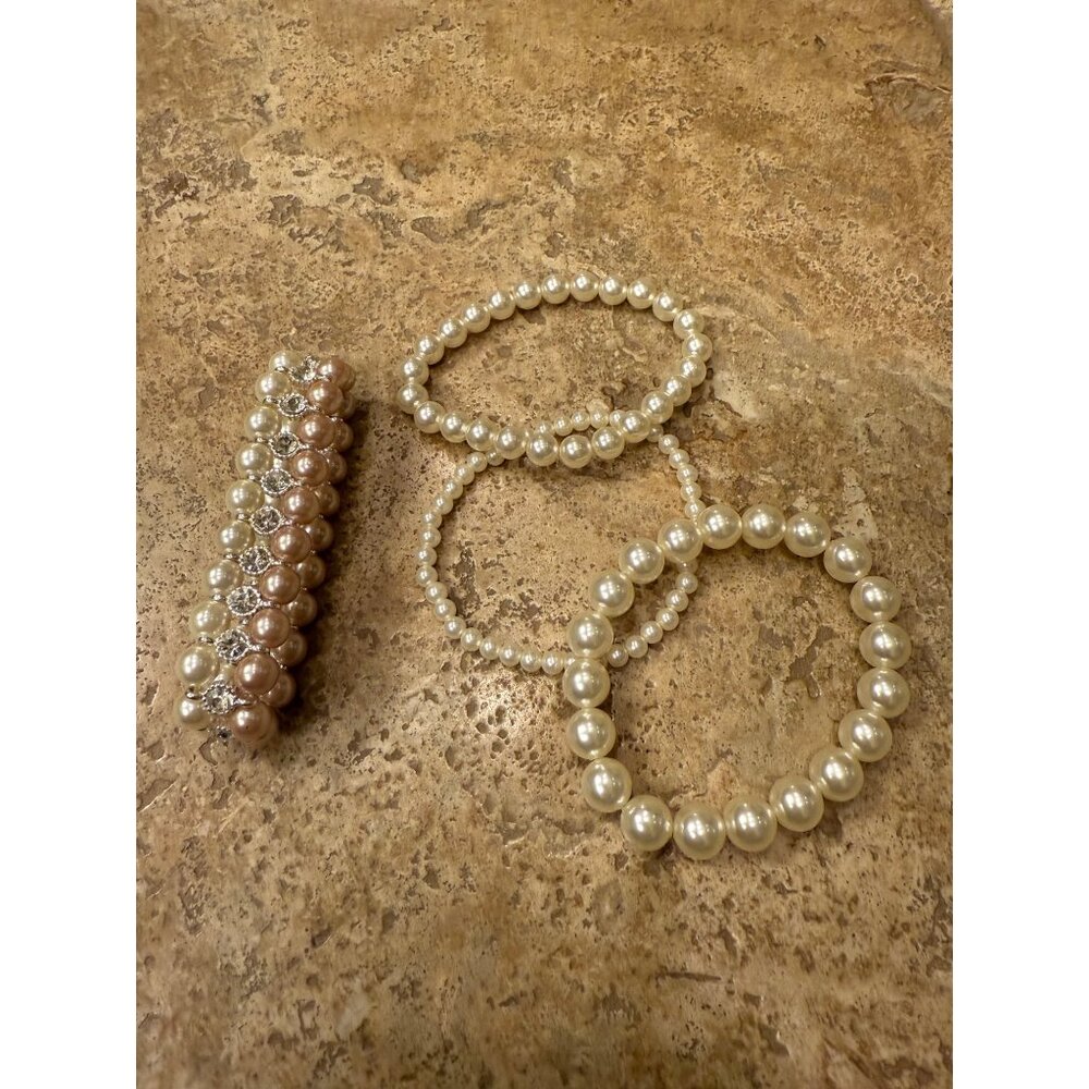Elegant Faux Pearl & Crystal Stretch Bracelets Set Of 4 With Mixed Beads